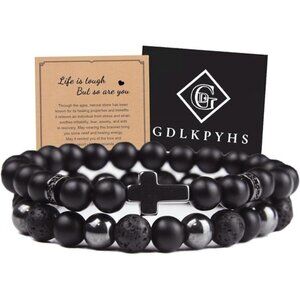 Black Obsidian Bracelet Men Black Onyx Hematite Lava Stone Beaded Protection
